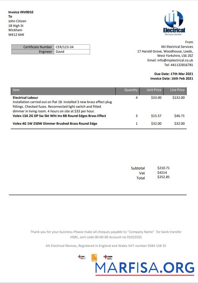 Downloadable United Kingdom MJ Electrical proof of address utility bill template in Word and PDF format